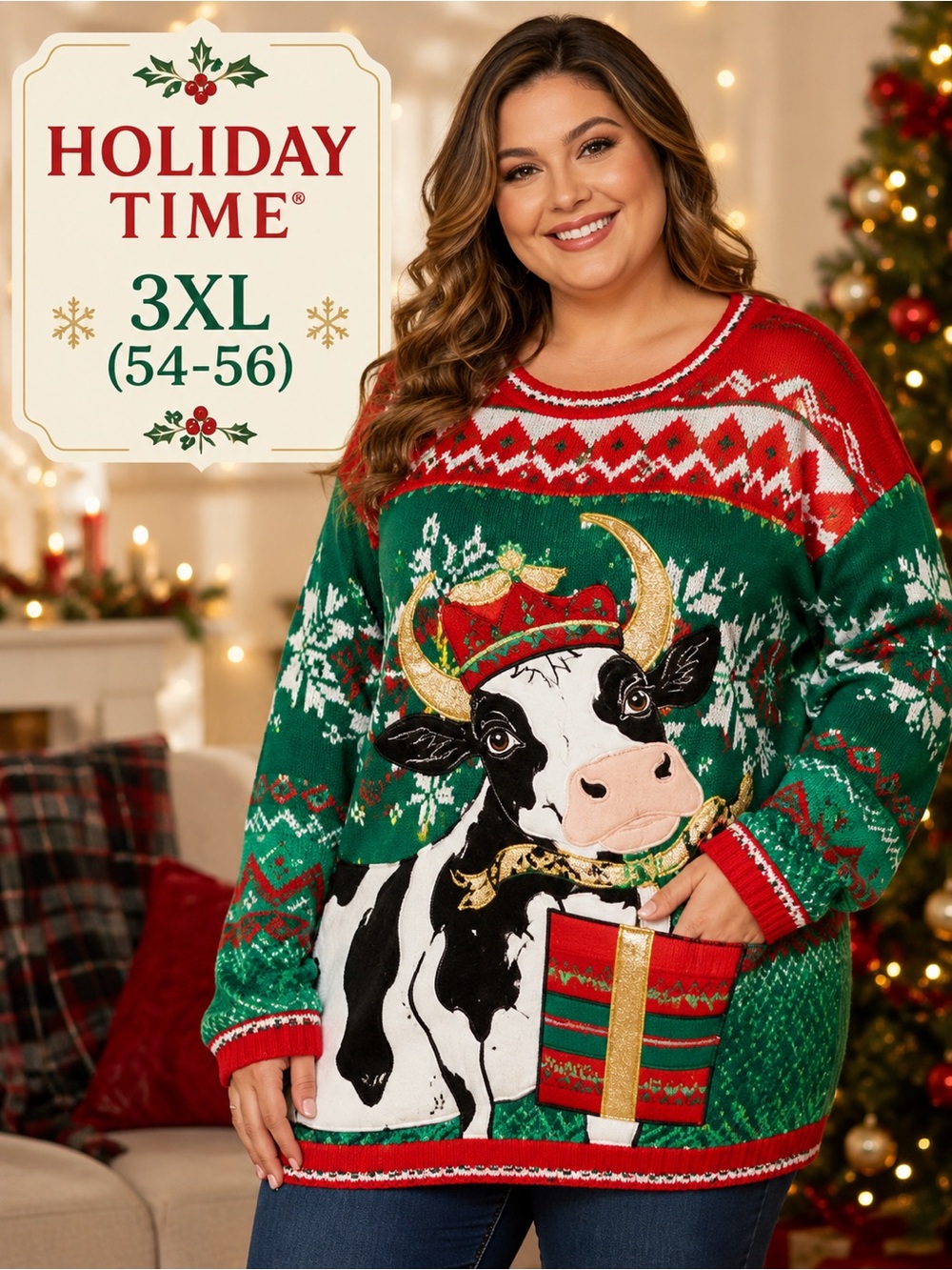 Holiday Time 3XL Christmas Cow Fair Isle Tunic Sweater
